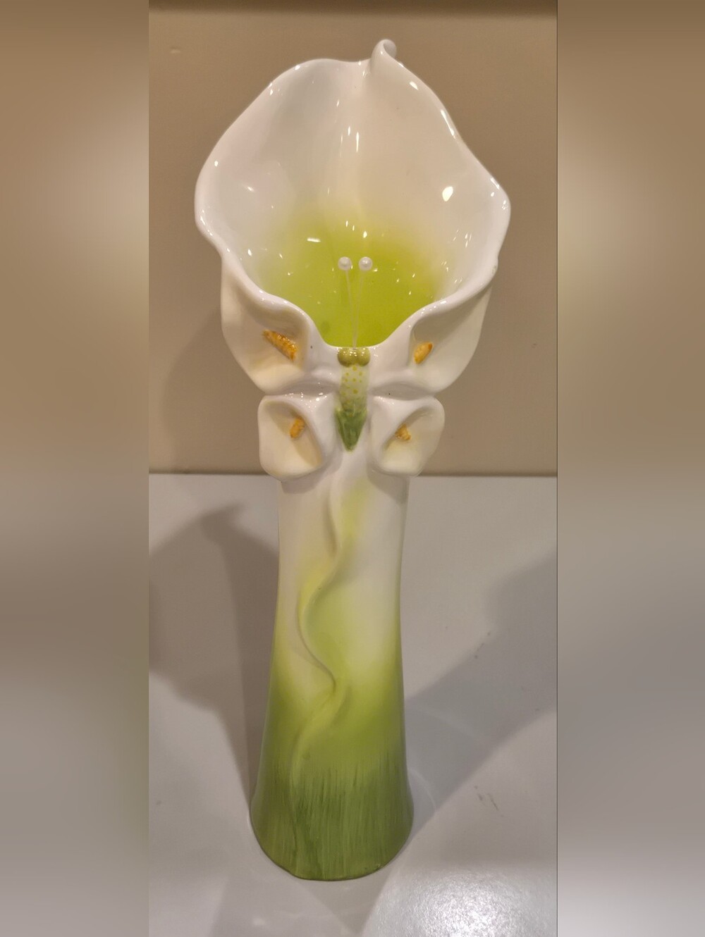 White and Lime Green Calla Lily Porcelain Bud Vase